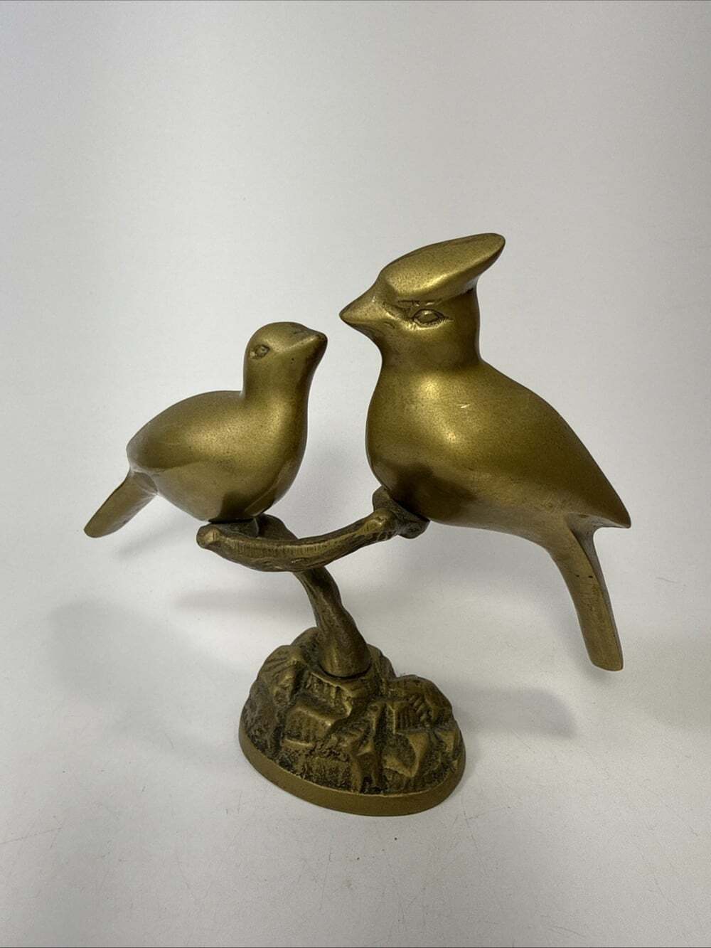 Vintage Solid Brass Bird Family Figurine Pair 8" x 7" Cardinal Style MCM Pair